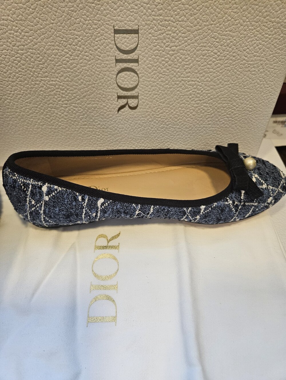 DIOR Blue Denim and White Cannage Tweed Pearl Bow Ballet Size 39 - Picture 5 of 8